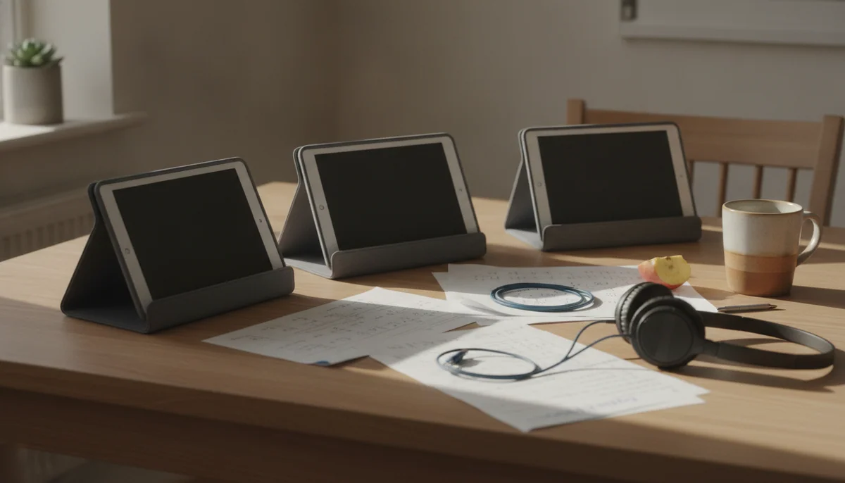 A modest kitchen table with several affordable tablets standing in simple cases beside school papers, headphones, and a charging cable.