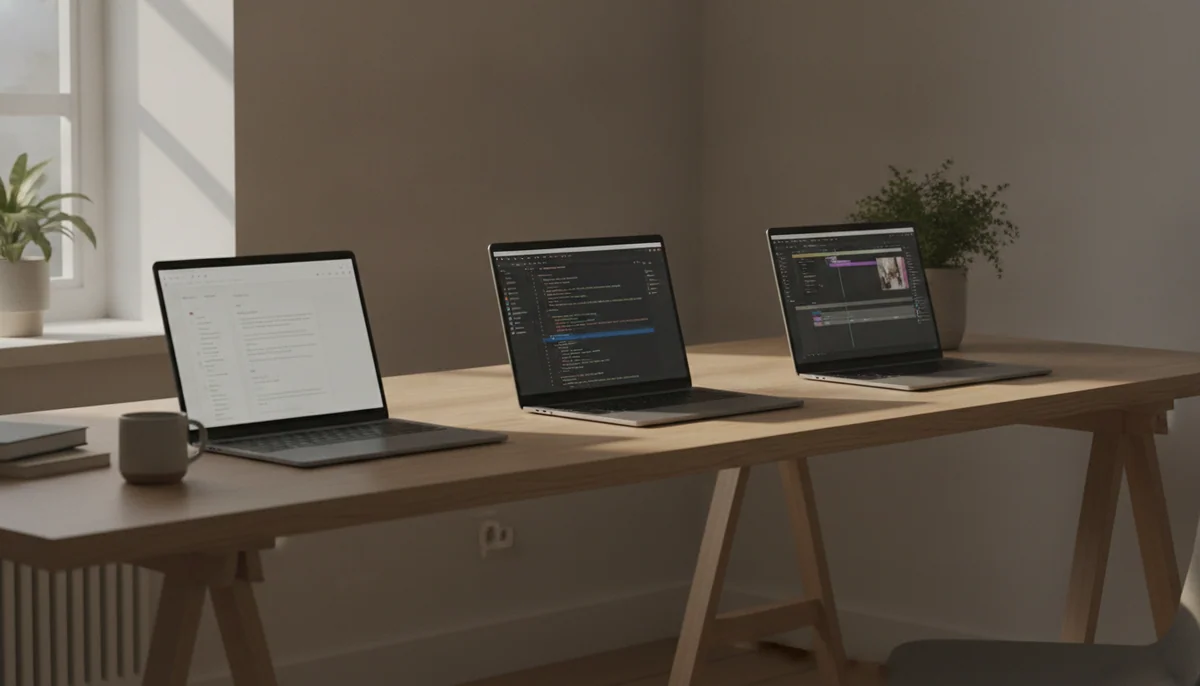 A bright home workspace with several slim laptops open on a long desk, used for writing, coding, and editing a video timeline.