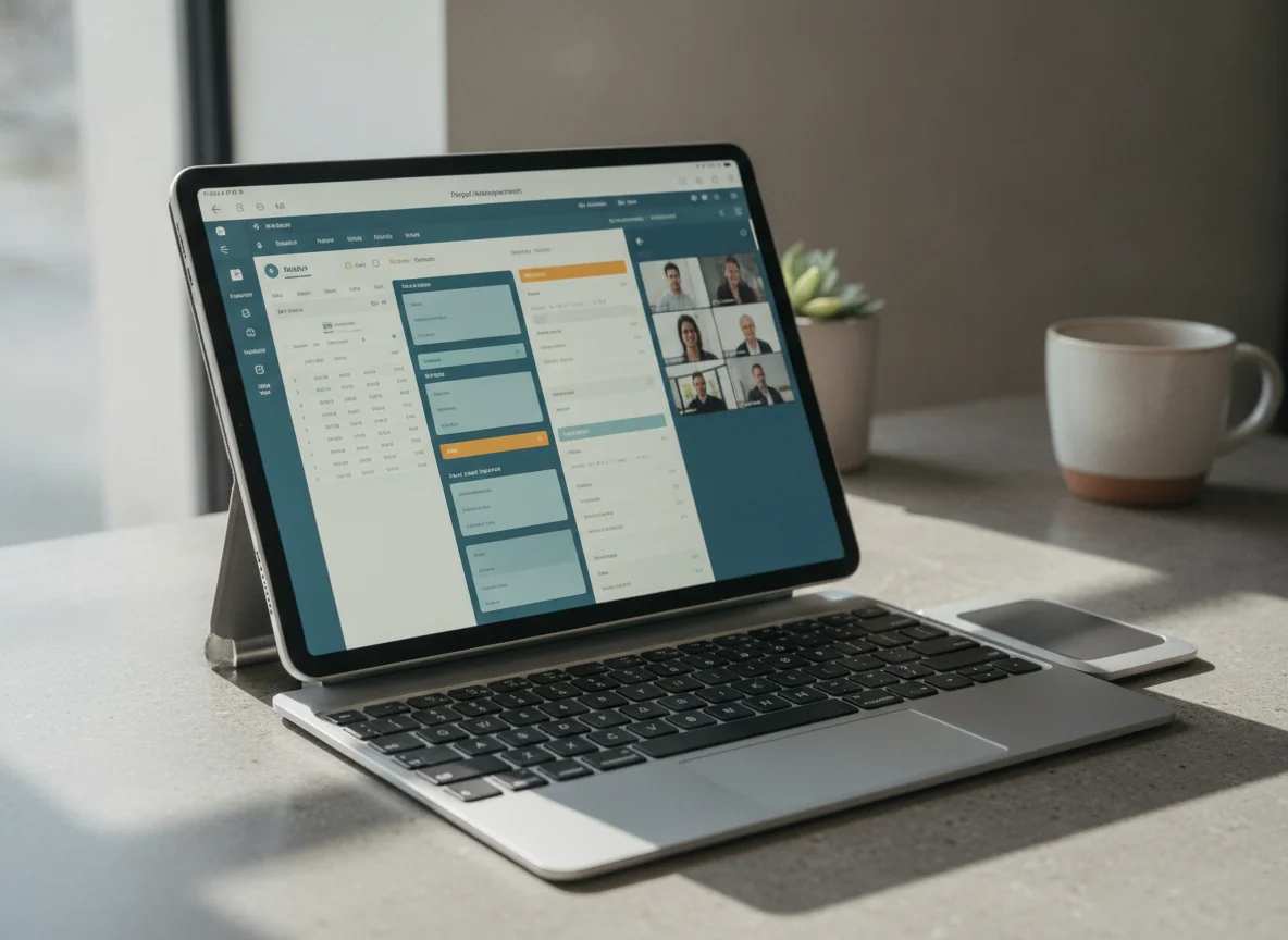 A tablet used like a laptop with a keyboard and trackpad, showing several work windows side by side.