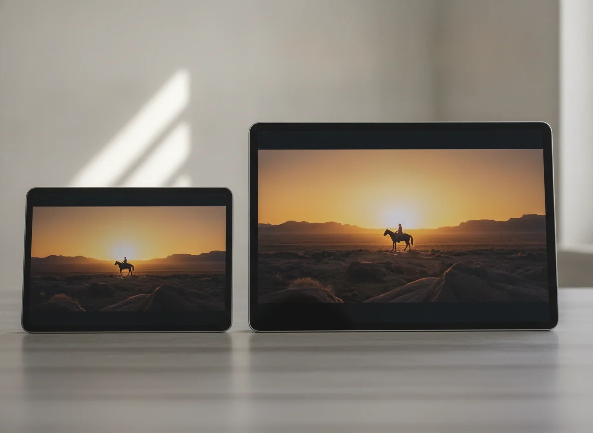 Two tablets show the same film frame, making the smaller and larger displays easy to compare.