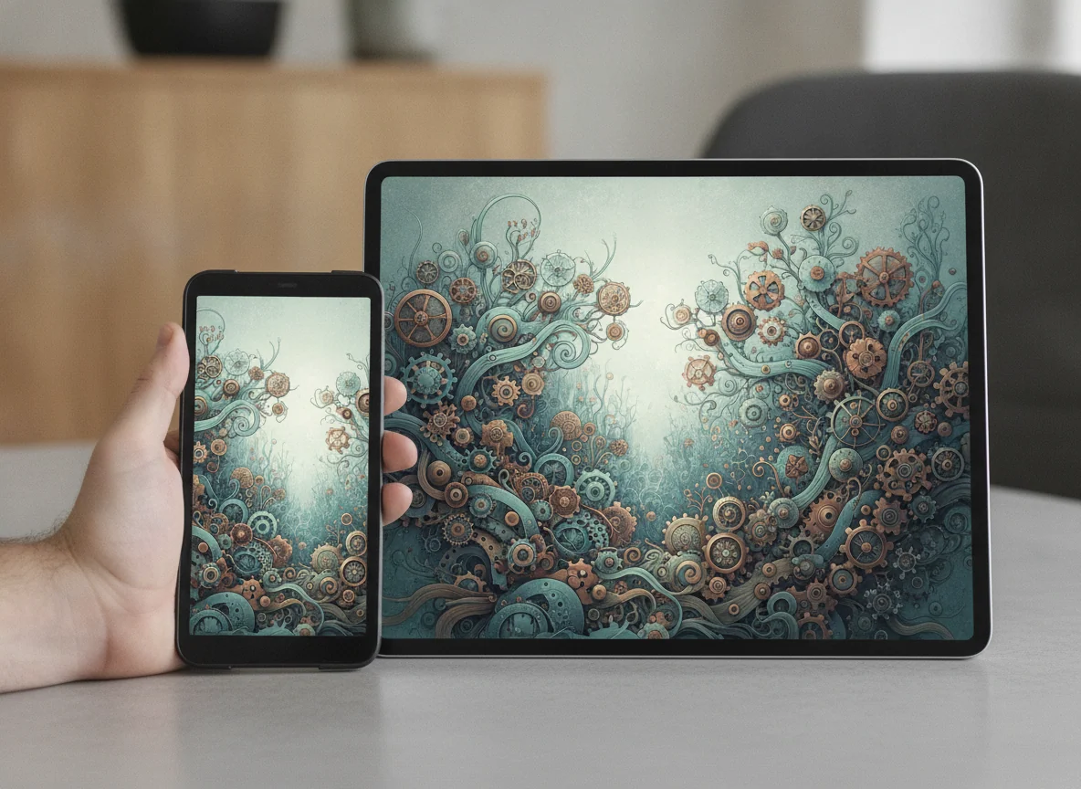 A hand compares the smaller tablet against the larger one, both displaying the same detailed illustration.