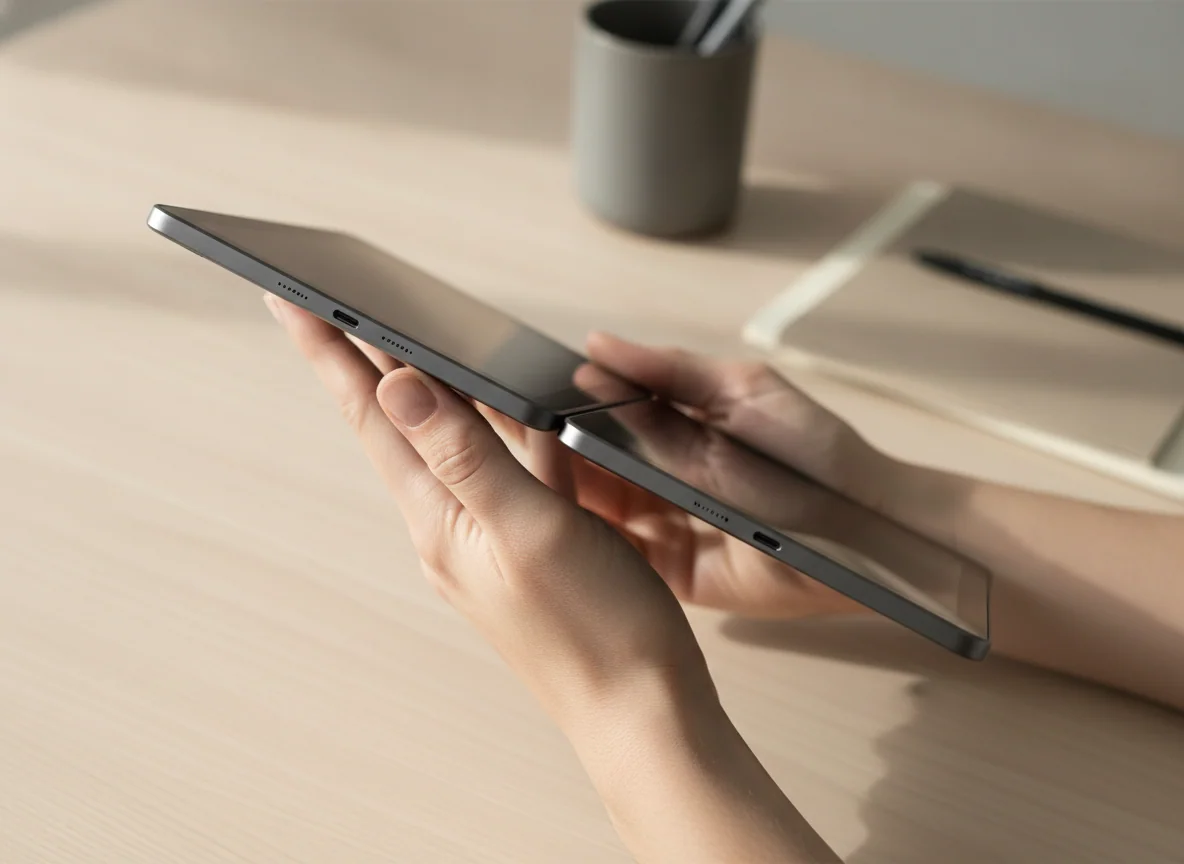 A pair of hands holds two Android tablets above a desk, comparing their thin edges, charging ports, and front cameras.