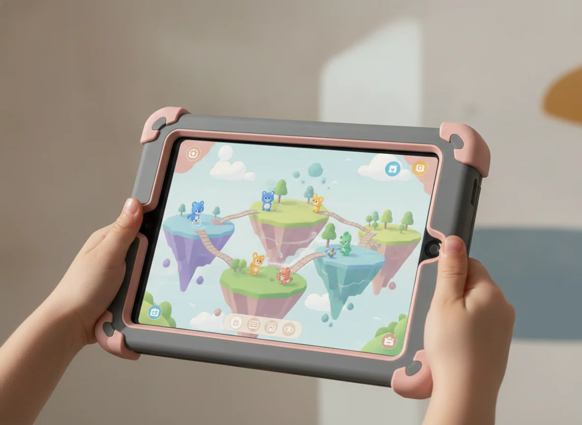 Small hands holding a tablet in a thick protective case, with a colorful game displayed on the screen.