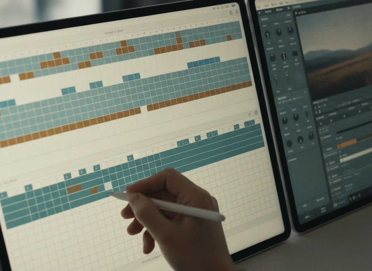 A hand drags a clip on one large tablet timeline while the second tablet shows the matching editing workspace.