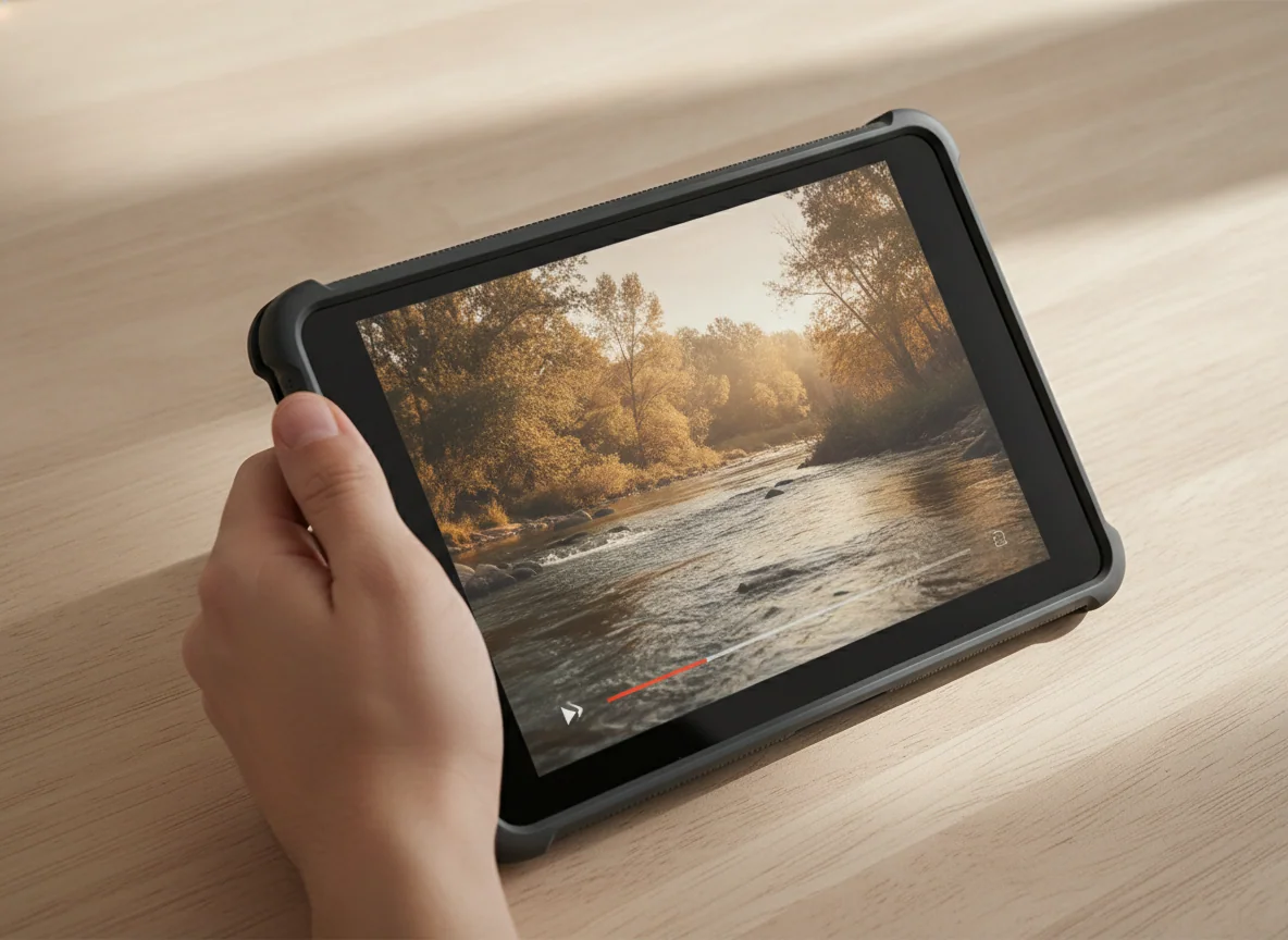 A hand holding a compact budget tablet over a table, with a video playing and a simple protective case around the edges.