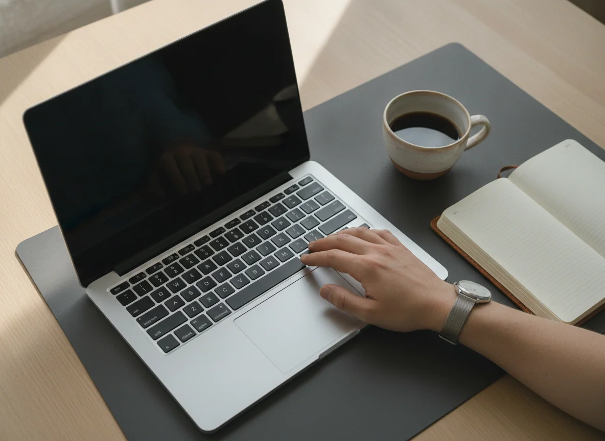 A lightweight laptop open beside a notebook and coffee cup, with a hand resting on the large trackpad.