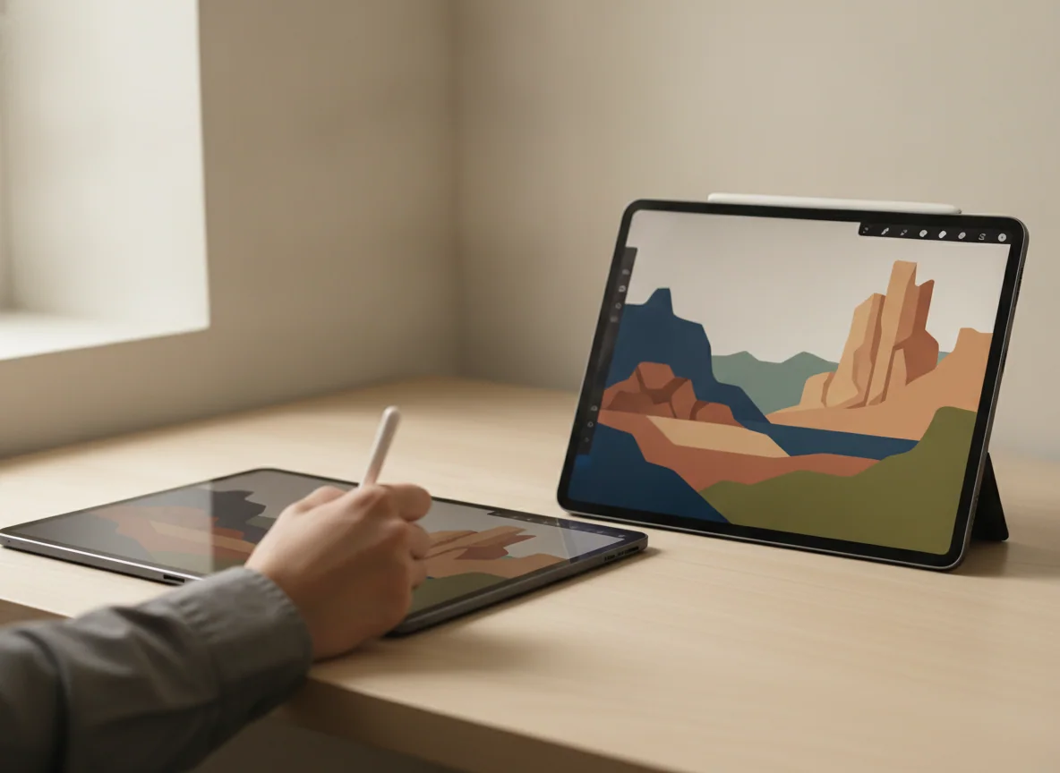A hand uses a stylus on one large tablet while the other displays the same reference image beside it.
