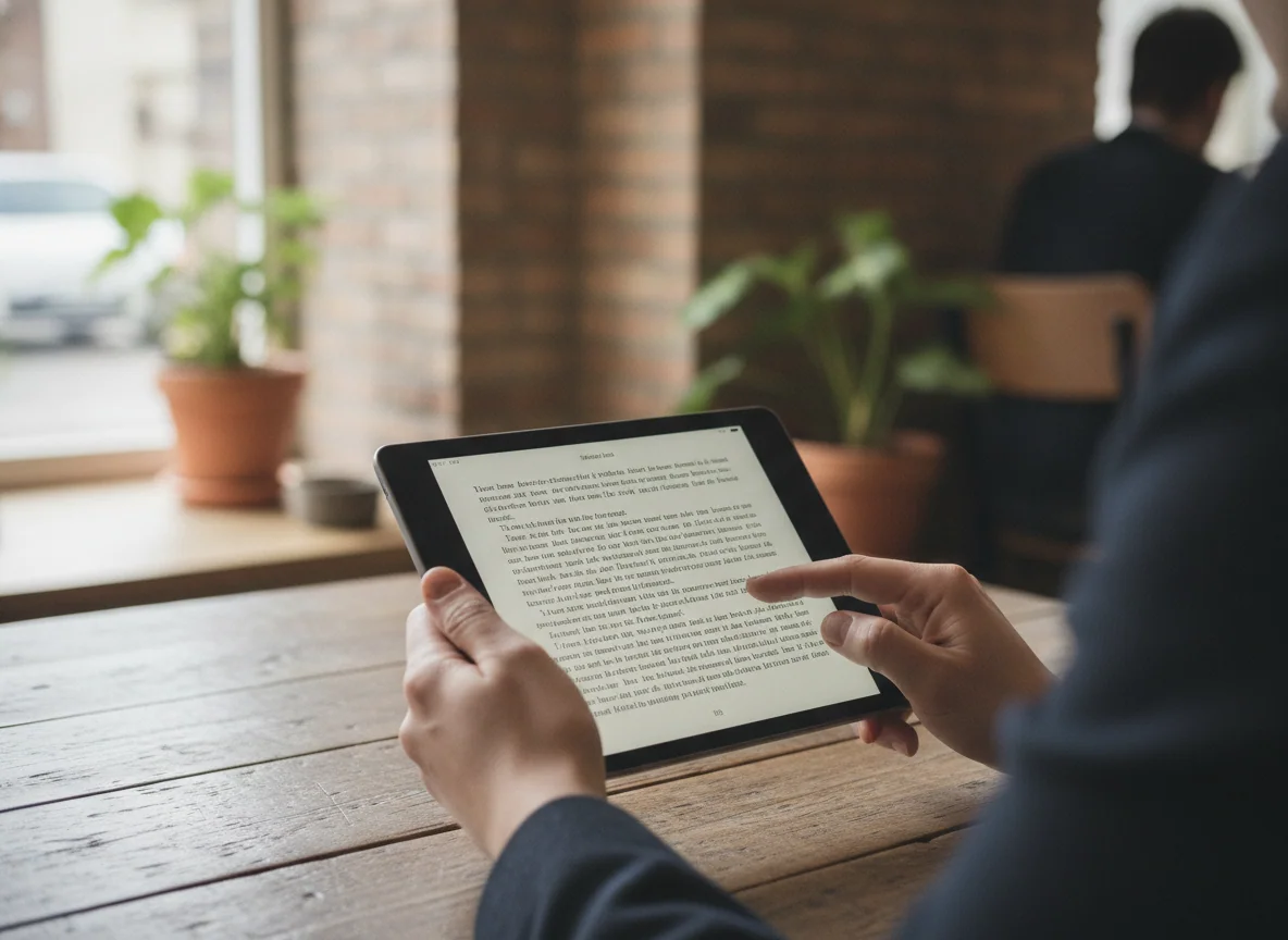 A small tablet held in both hands above a café table, with an e-book page open and a thumb near the page edge.
