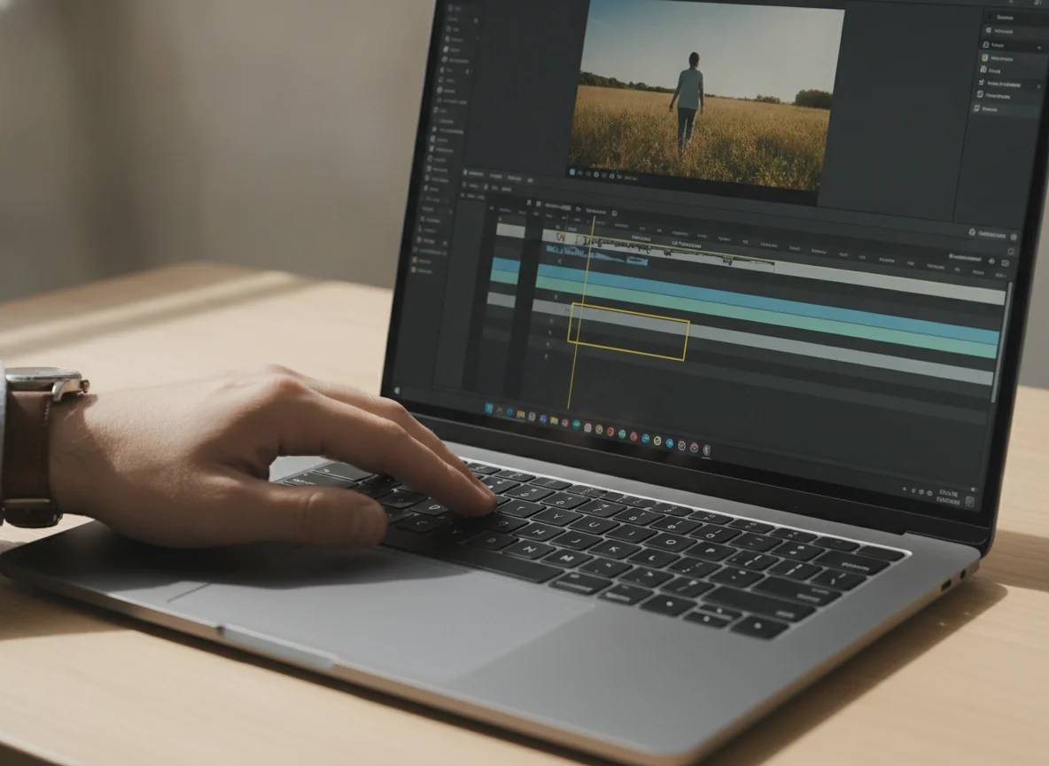 A laptop display showing a video timeline and preview frame, with a hand using the trackpad to trim a clip.