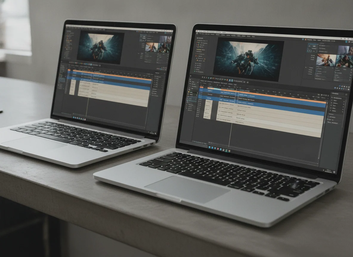 A close view of both laptops running the same demanding video project with layered timelines and preview windows.