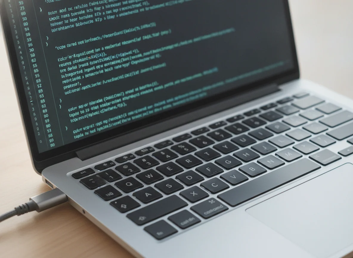 A close view of a laptop keyboard and screen showing lines of code beside a connected USB cable.