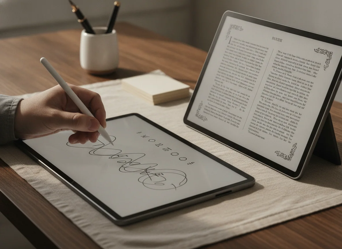 A hand writes on one monochrome tablet while the other shows a page of book text beside it.