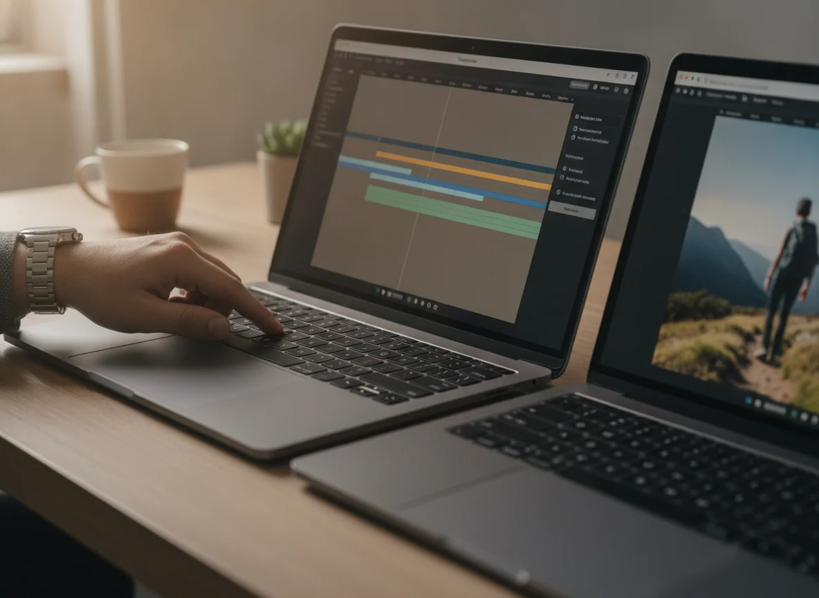 A hand trims footage on one laptop trackpad while the other shows the same project preview.