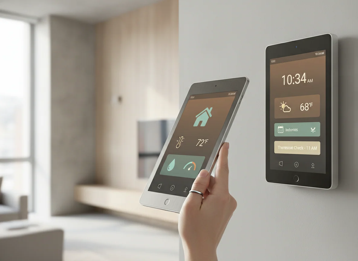 A hand lifts the portable tablet beside the stationary smart display showing a home information screen.