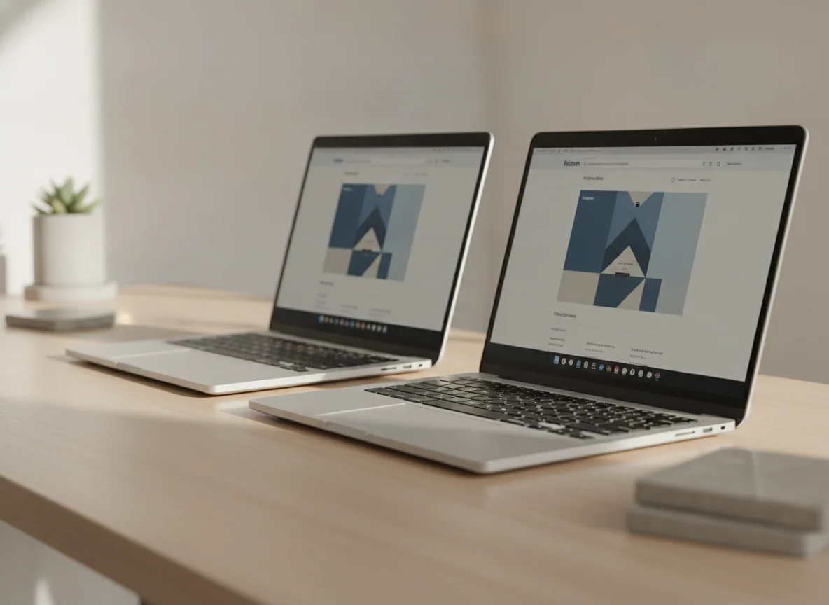 The two lightweight laptops are open to the same web page, with their matching thin bodies visible from the side.