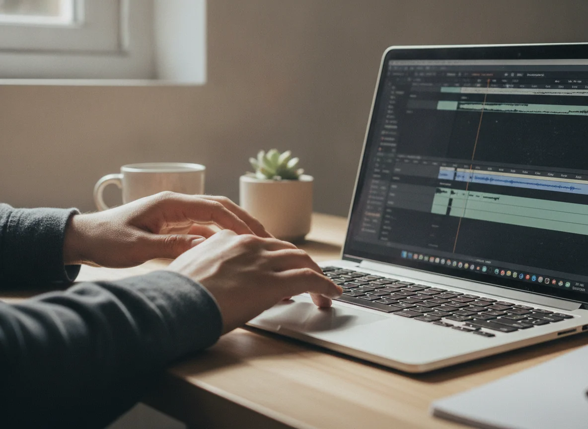A hand types on the lightweight laptop while the other laptop displays a video editing timeline beside it.