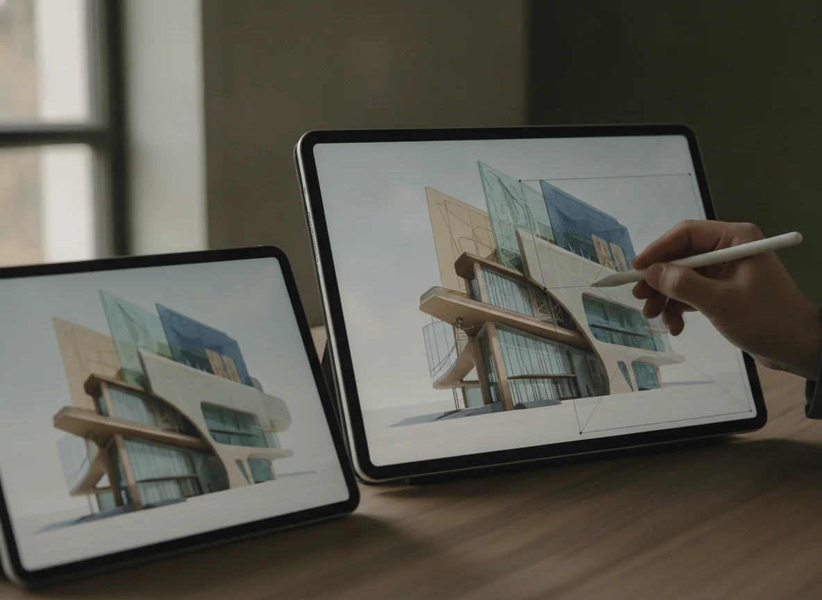 A hand edits a detailed image on one large tablet while the other shows the same image beside it.