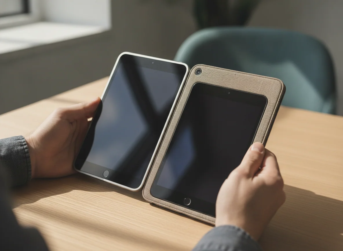 Hands hold two small tablets above a table to compare their bezels, screen shape, and rear cases.