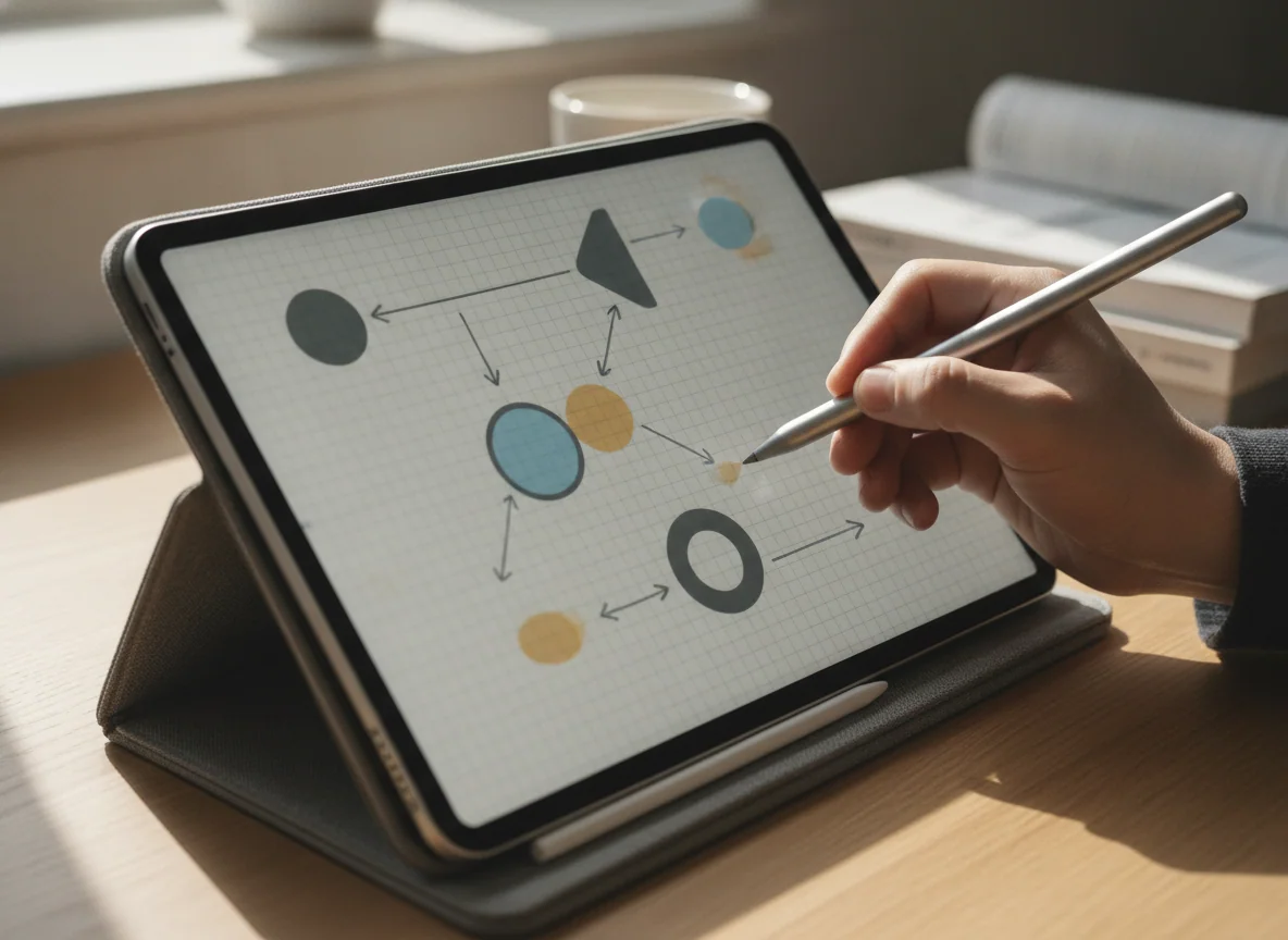 A hand writing a diagram with an active stylus on a tablet screen, with a digital notebook page visible.