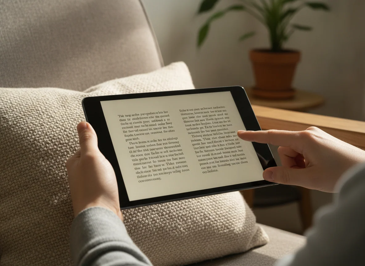 A tablet held over an armchair cushion, showing a clean e-book page with a hand ready to turn the page.