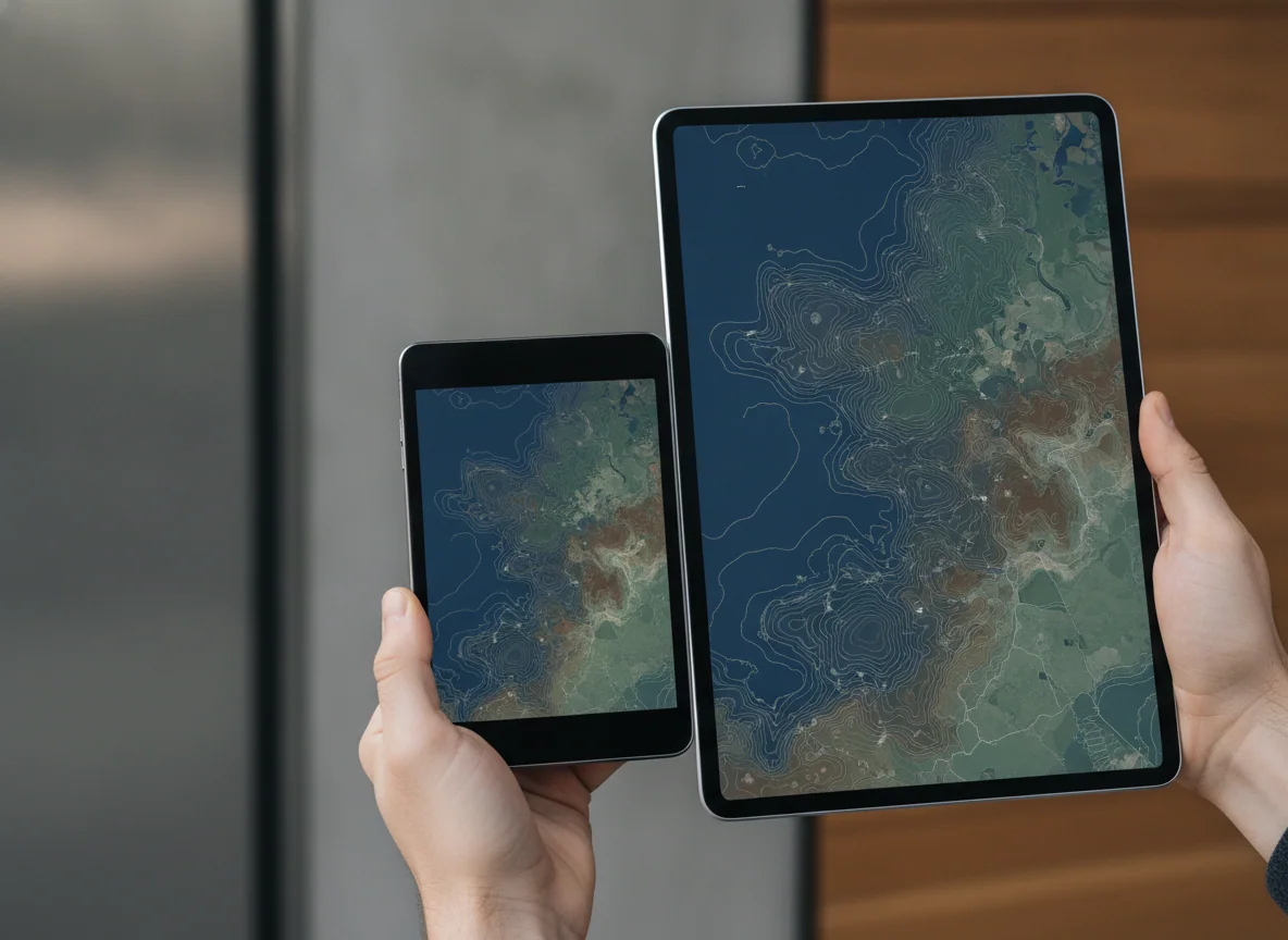 Two hands hold the compact and larger tablets showing the same map, making their size difference visible.