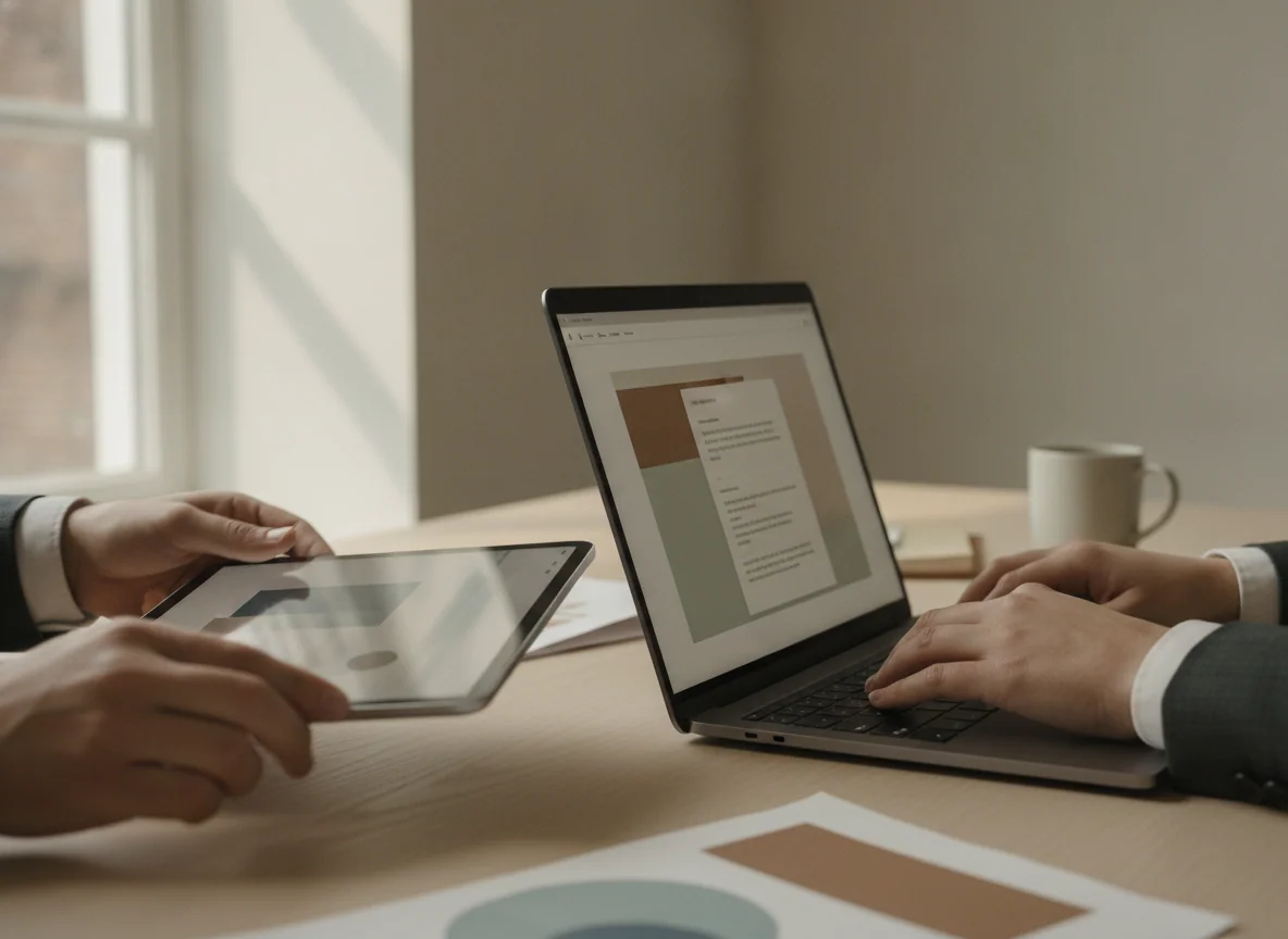 A person moves from tapping a tablet screen to typing on the laptop keyboard during the same task.