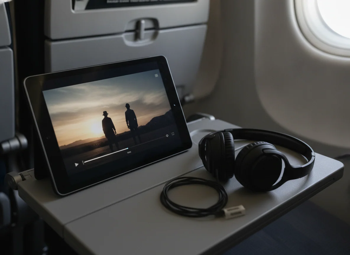 A tablet on an airplane tray table showing a downloaded film, with folded headphones beside it.