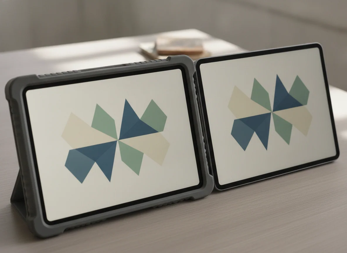 A close view of the matching tablet screens, with the thicker protective case clearly wrapping one device.