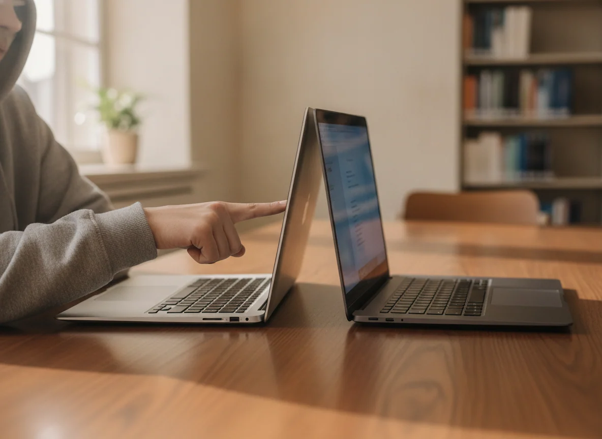 A student compares the slim side profiles of two open laptop computers on a library table, with their keyboards, trackpads, and charging ports in view.