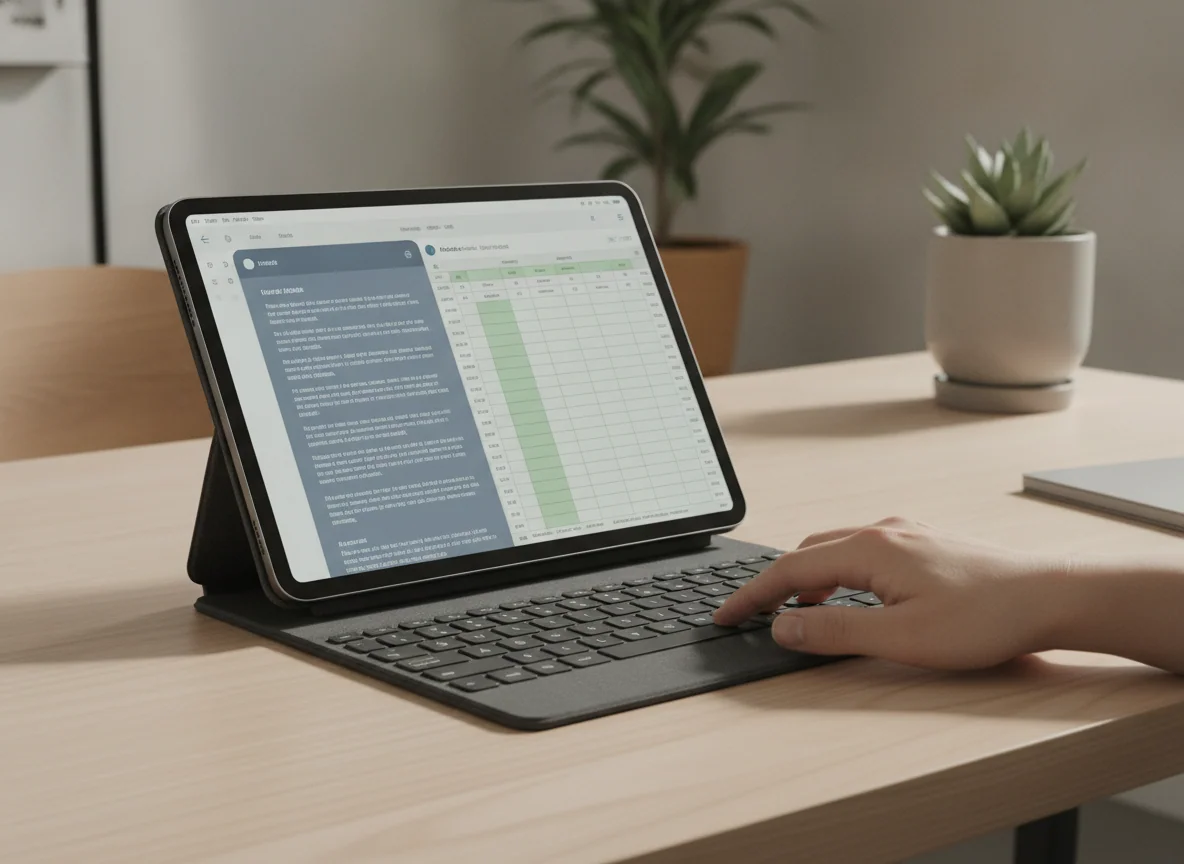 A tablet in a keyboard case showing a document beside a spreadsheet, with a hand using the trackpad.