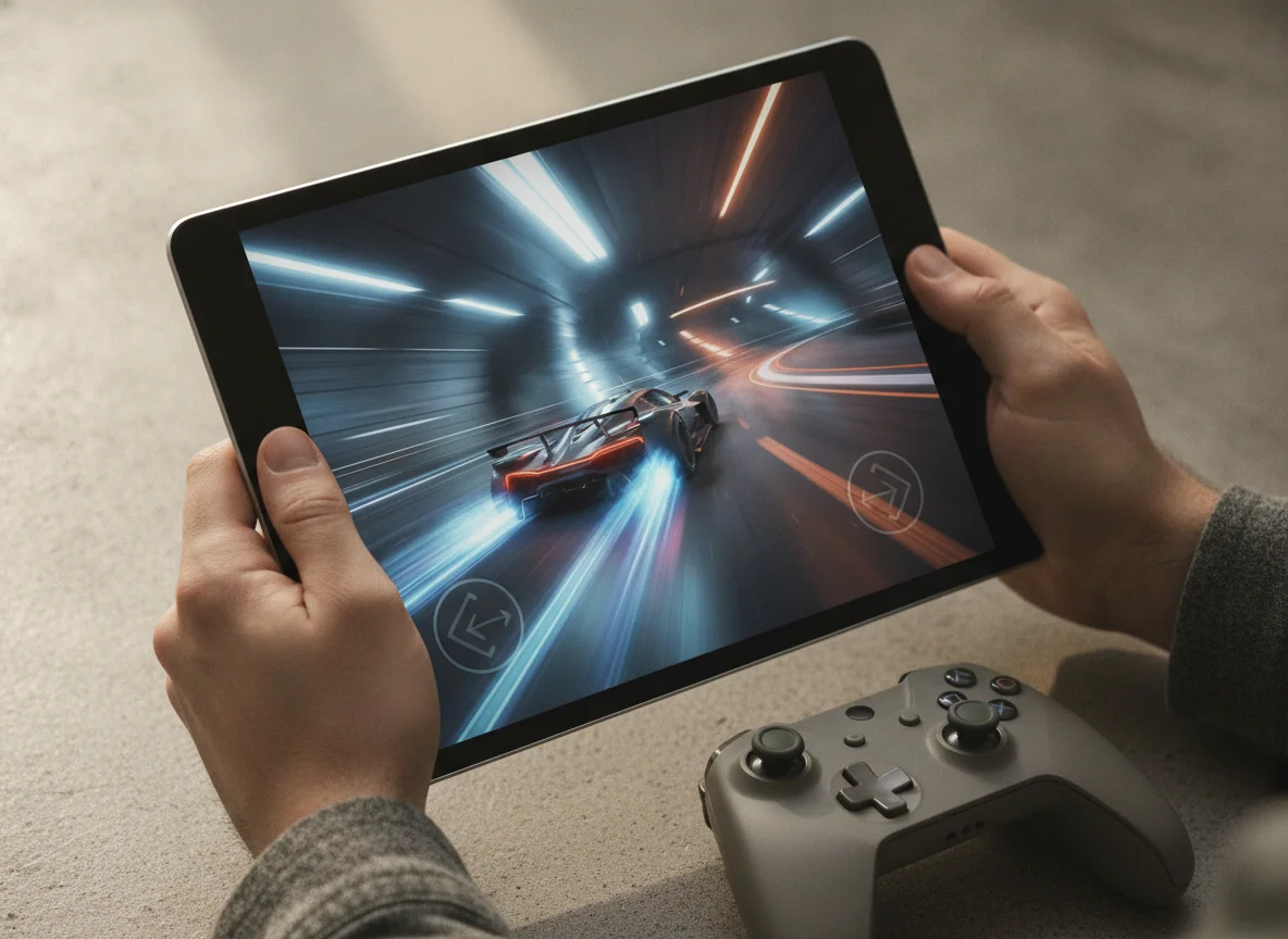 Hands holding a tablet in landscape orientation with a fast racing game on screen and a controller nearby.