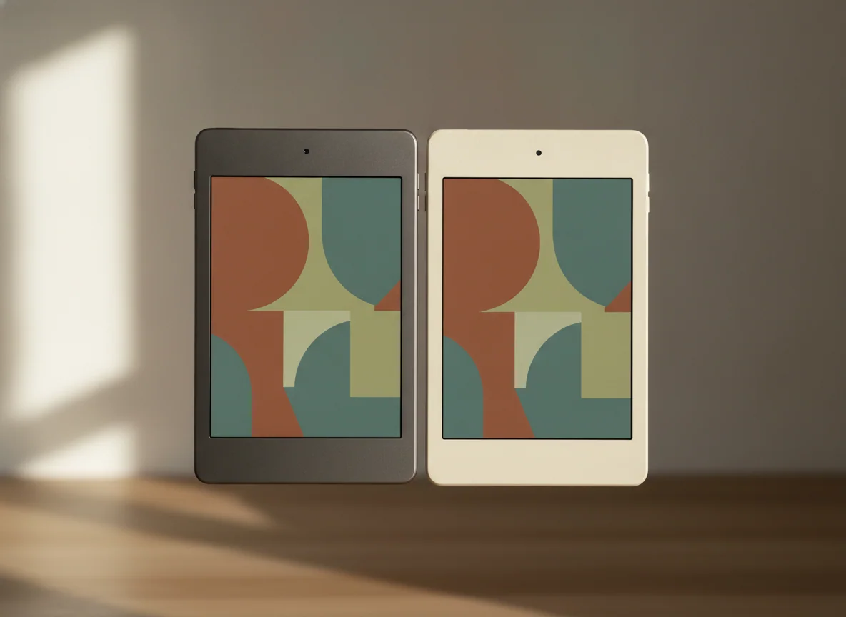 A close view of two small tablets held next to each other, showing their similar screen size and different case finishes.