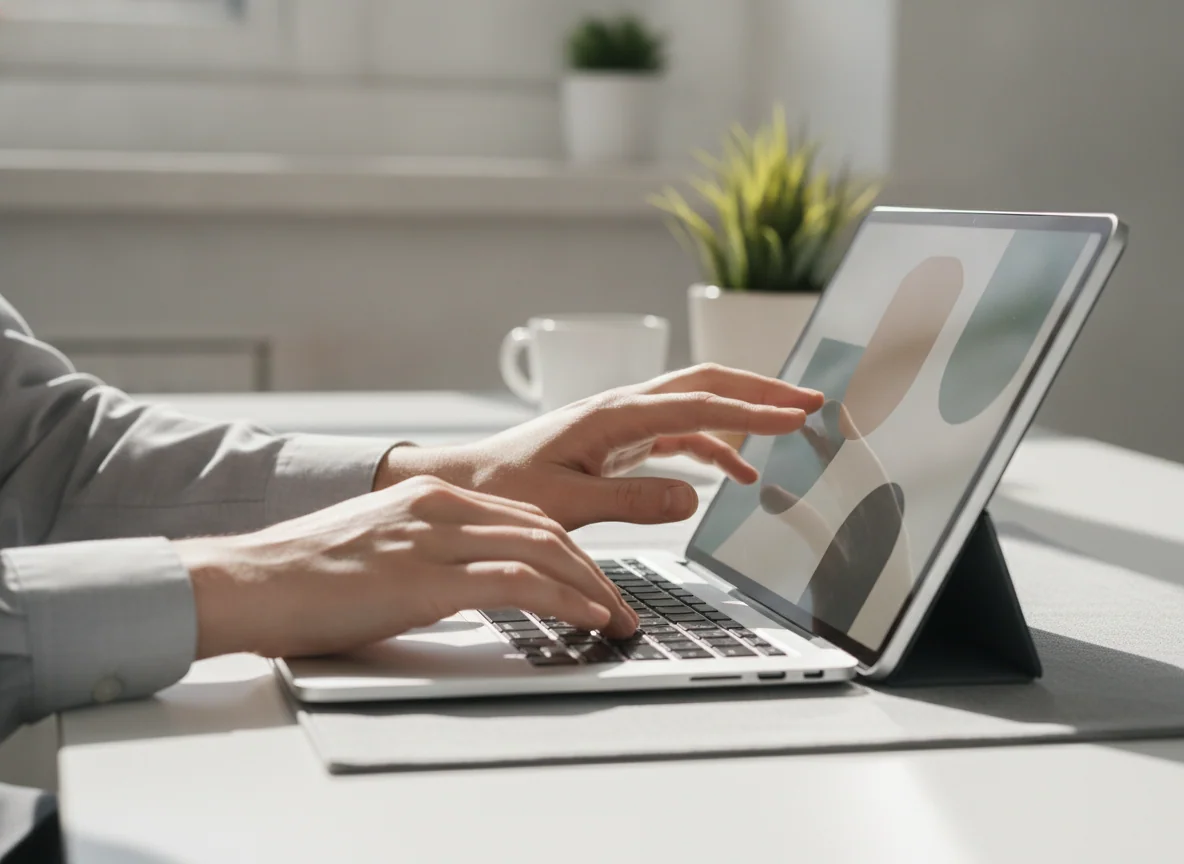 One hand uses a laptop keyboard while the other taps a tablet screen beside it.