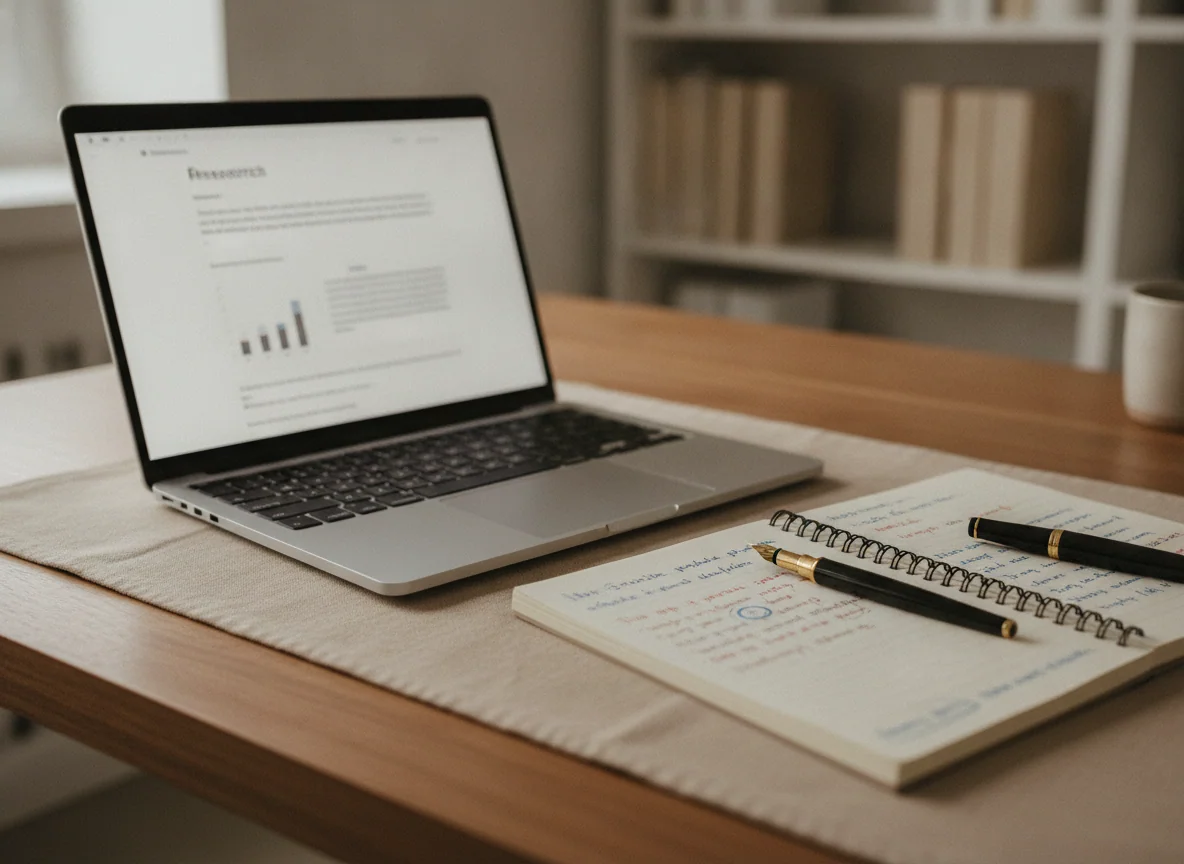 A slim laptop open to a research document beside marked-up class notes and a pen.