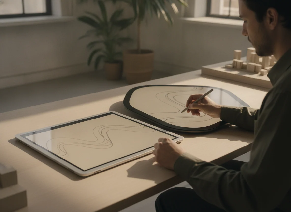 A person uses both large tablets for the same drawing, with their different screen shapes and borders visible.