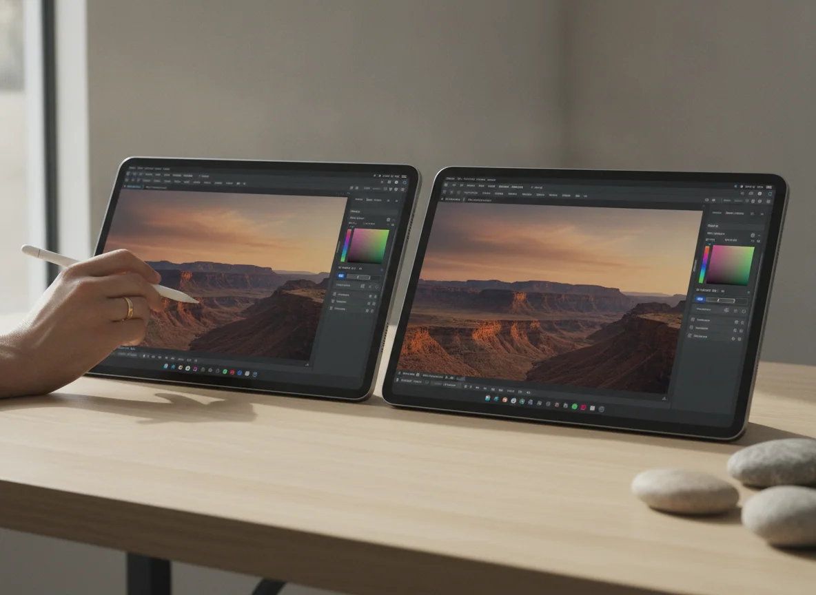 A close view of two large tablet screens showing the same image editor, with one hand adjusting a photo on one display.