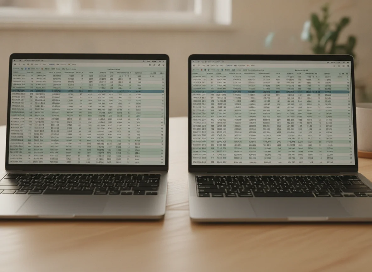A close view of both laptop keyboards and screens showing the same spreadsheet, with their different key layouts visible.