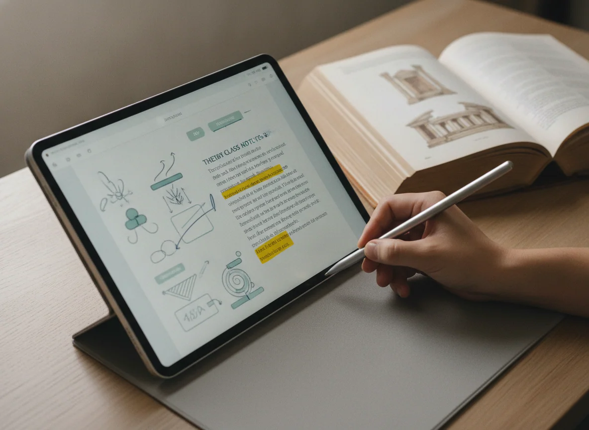 A tablet showing class notes beside a textbook, with a student highlighting words using a stylus.