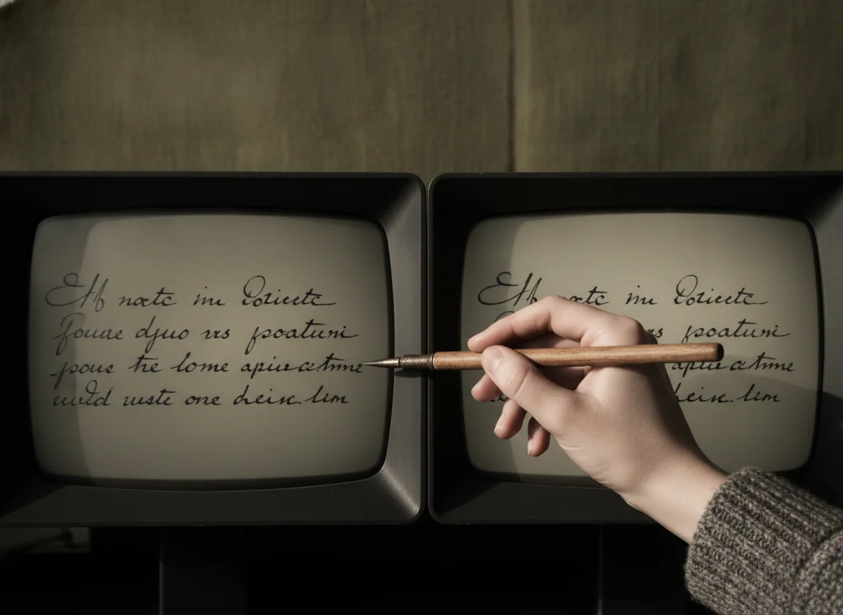 A close view of two monochrome screens showing the same handwritten note, with one hand holding a stylus between them.