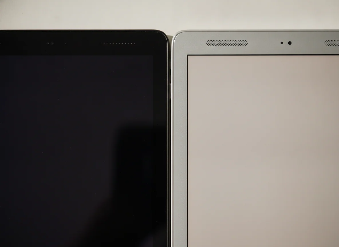 A close view of two compact tablets resting edge to edge, showing their different screen borders and speaker placement.