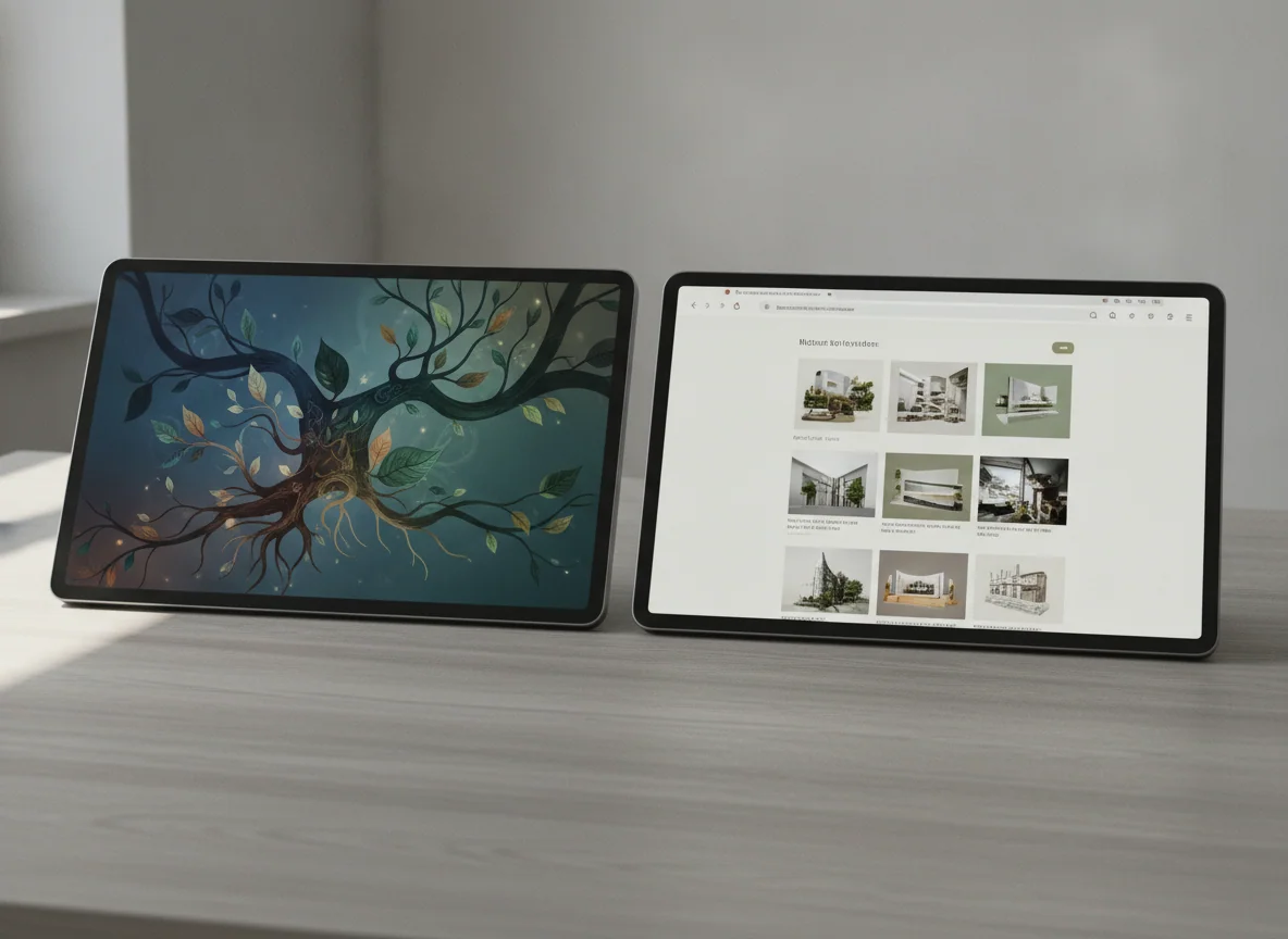 A close view of the two similarly sized tablet displays, with one showing a detailed drawing and the other a web page.