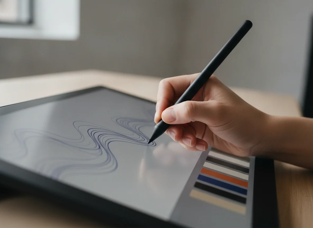 A hand drawing fine lines with a stylus on a tablet, with layers and a color palette visible on the display.