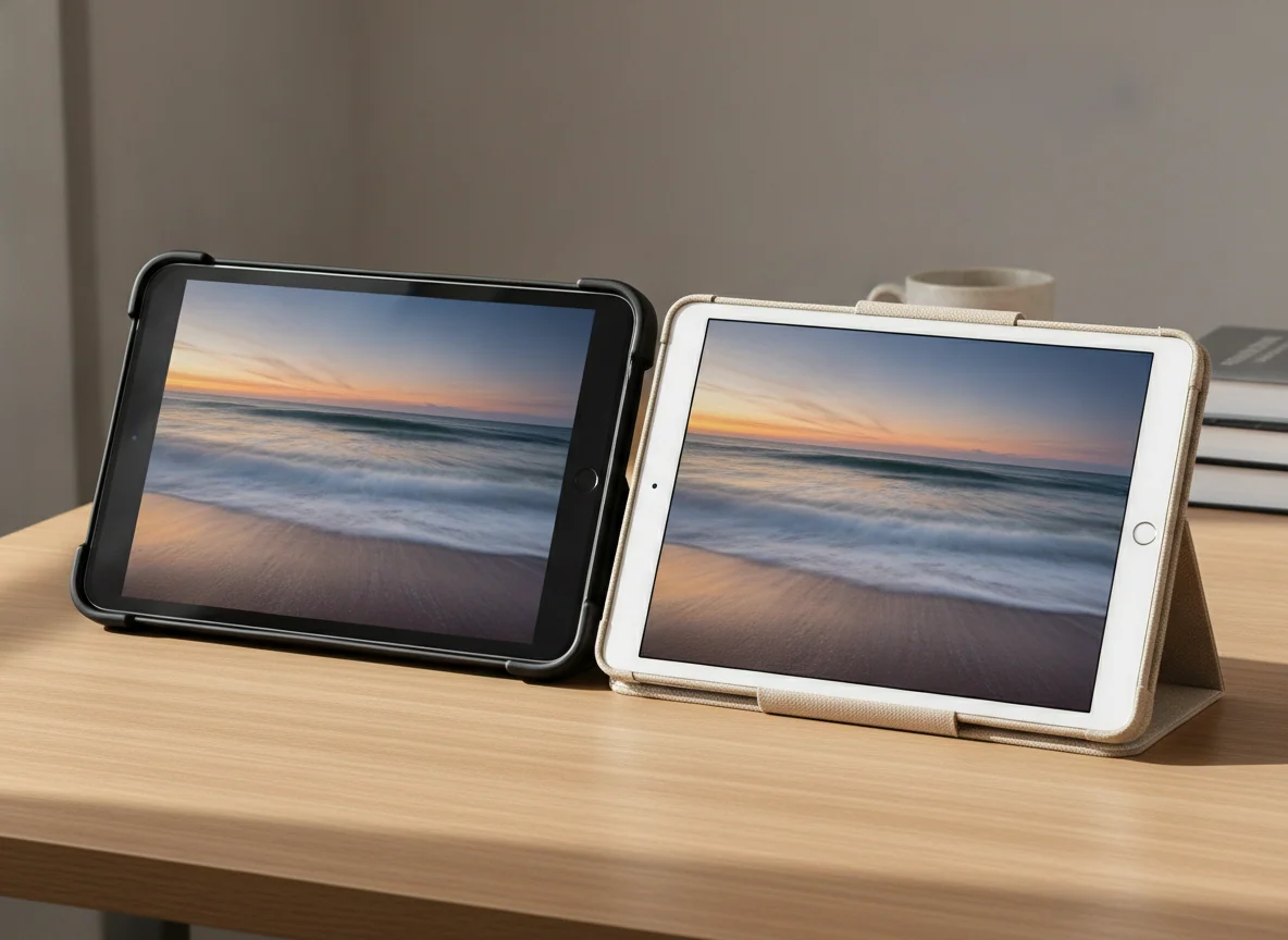 The two tablets rest edge to edge with the same video open, showing differences in their screen borders and cases.