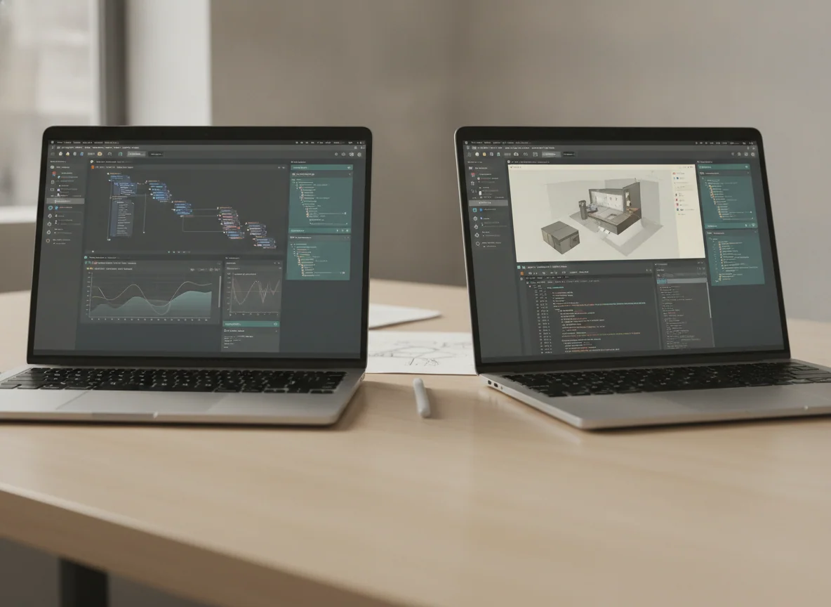 A close view of both laptop screens working through the same complex project with several active windows.