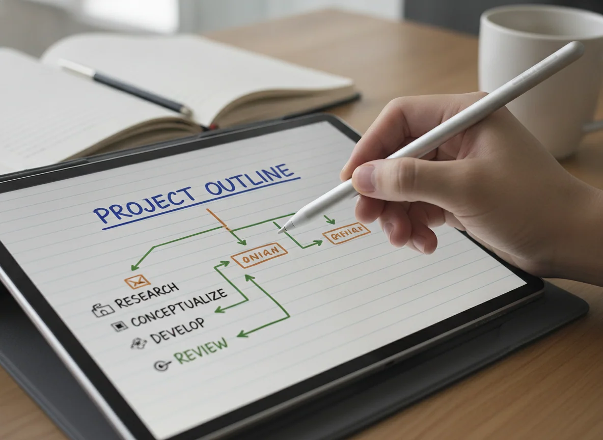 A close view of a stylus writing headings and diagrams on a tablet's lined note page.