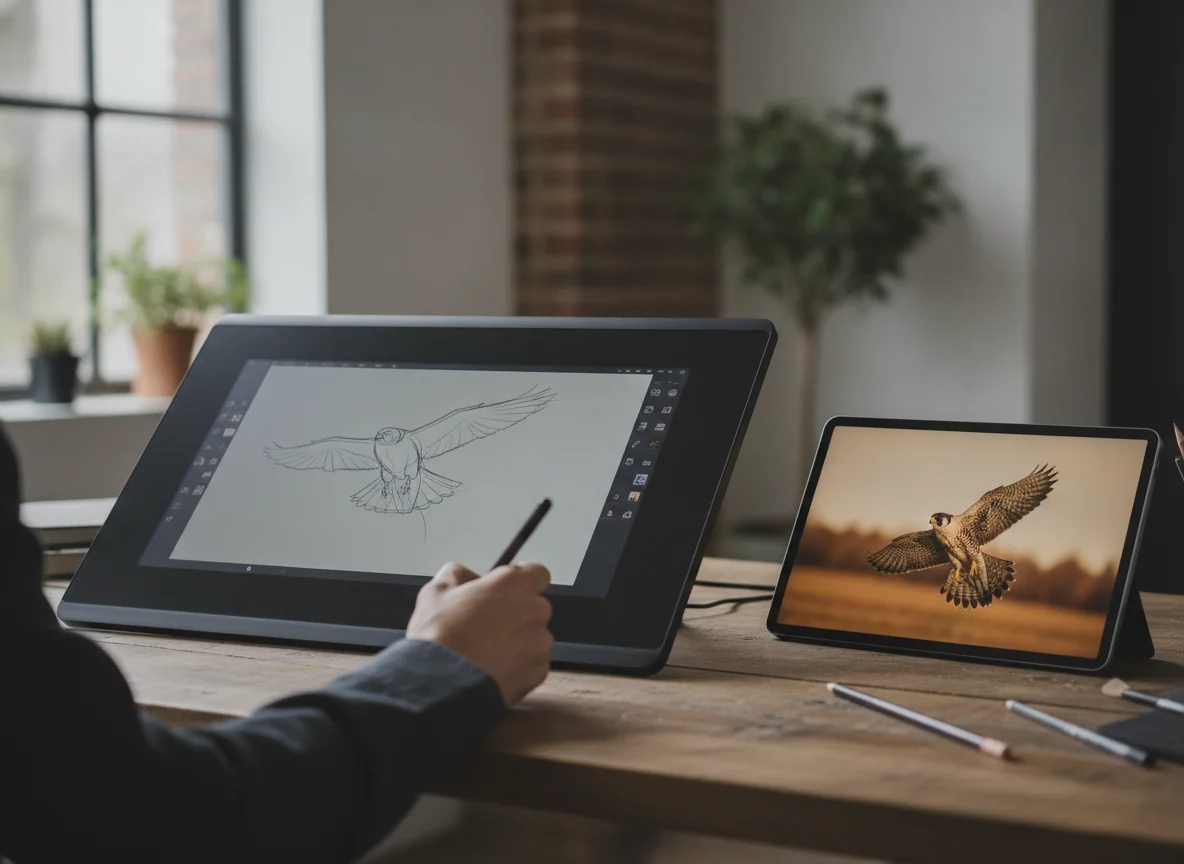 A hand draws on the larger tablet while the smaller tablet displays a reference image beside it.