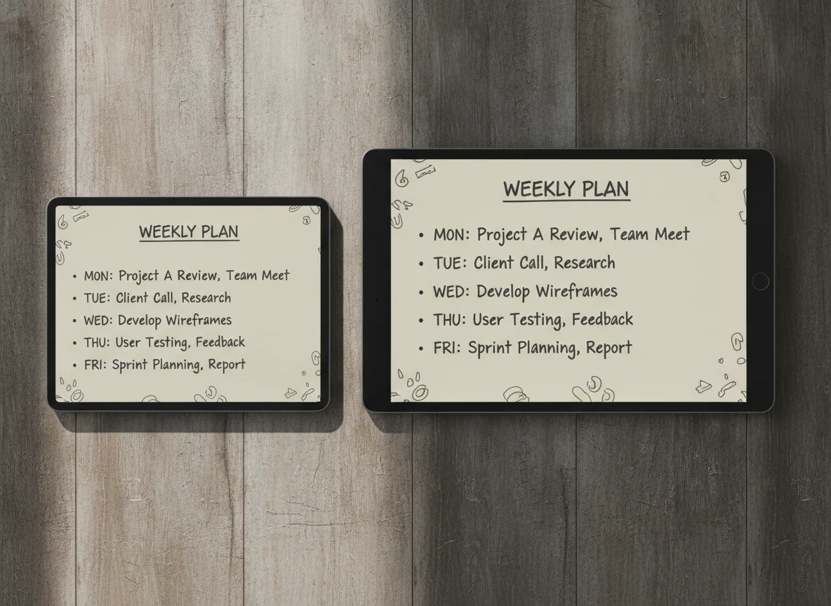 Both tablets show the same handwritten schedule, making the different display sizes visible side by side.