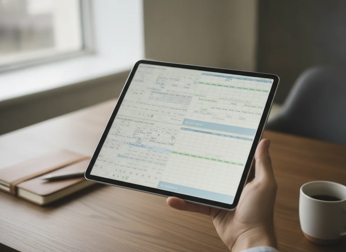 A hand compares the two tablets in landscape orientation, with the same worksheet open on both screens.