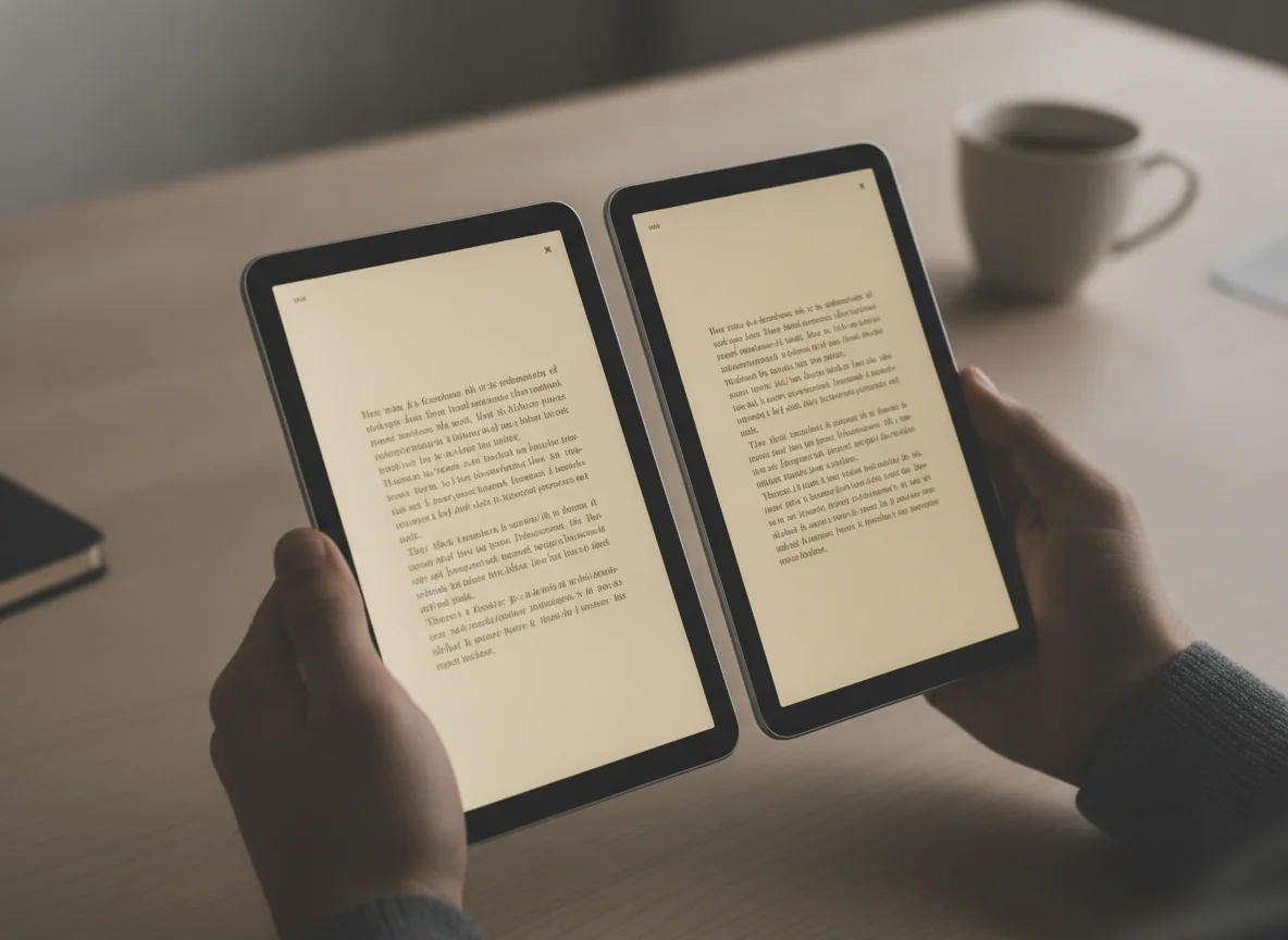 A person holds both small tablets side by side, comparing their display size while the same e-book page is open.