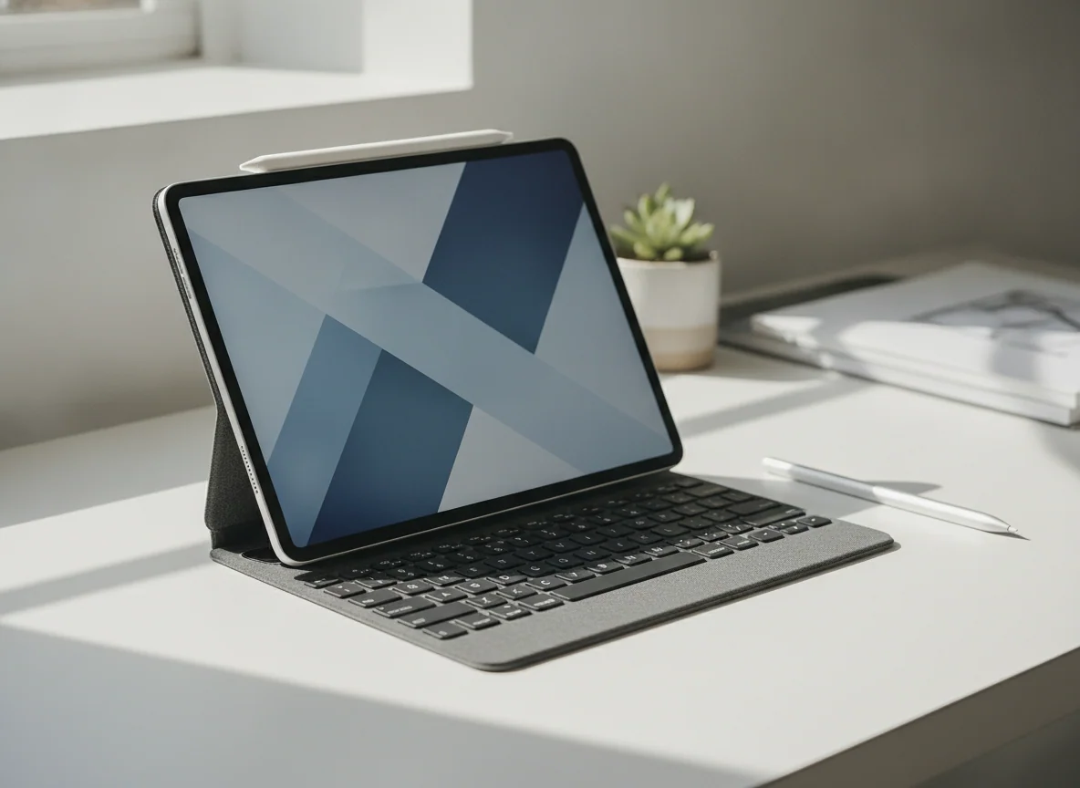 A close view of a thin tablet propped on a keyboard cover, showing a bright workspace with a stylus resting alongside it.